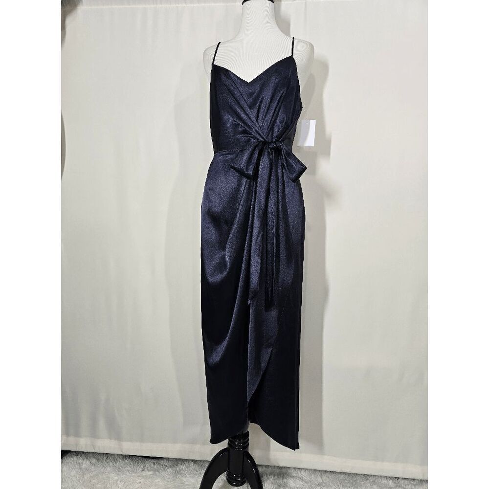 After Six Midnight Blue Stretch Charmeuse Faux Wrap Midi Dress Draped Tulip Skir